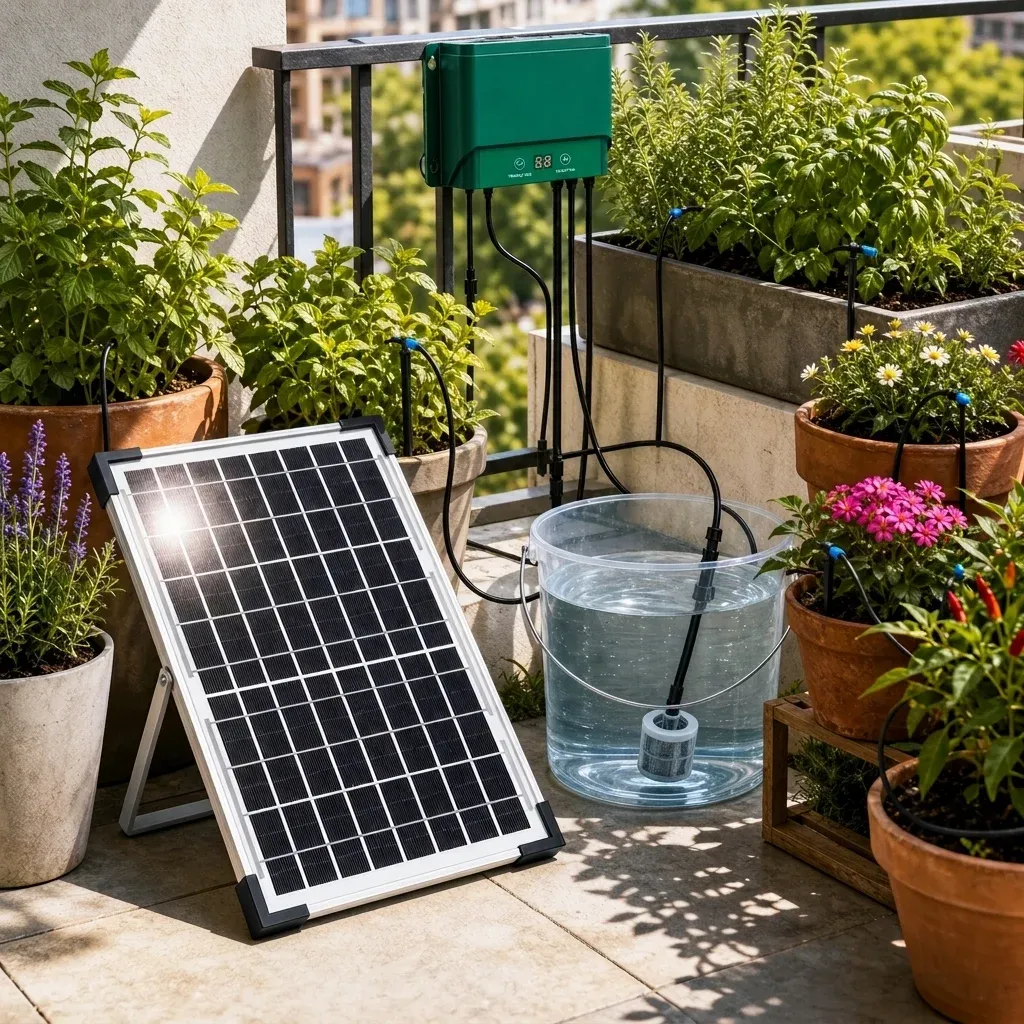 Solar-powered drip irrigation system watering tomato plants in a UK greenhouse