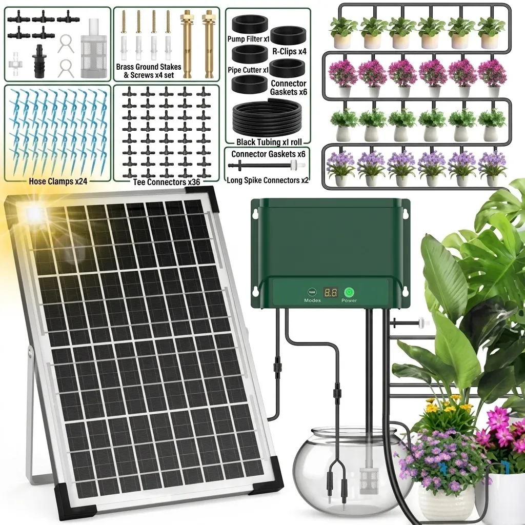 Solar irrigation kit components including 10W panel, pump controller and drip tubing for UK gardens
