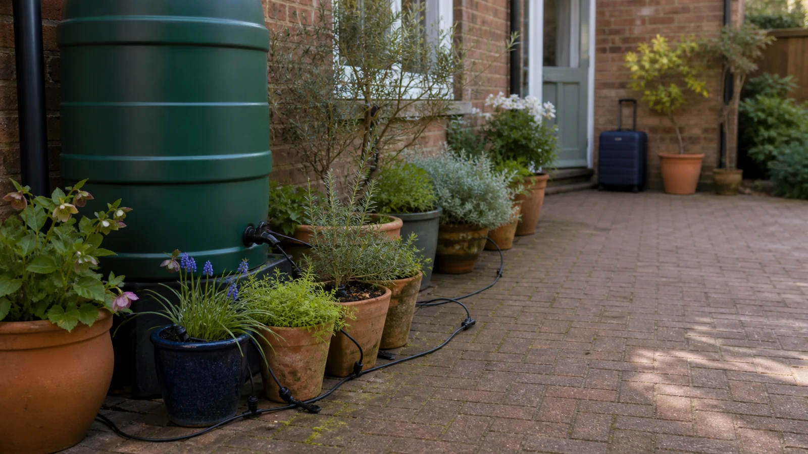 Patio pots connected to drip tubing beside a water butt before a UK holiday