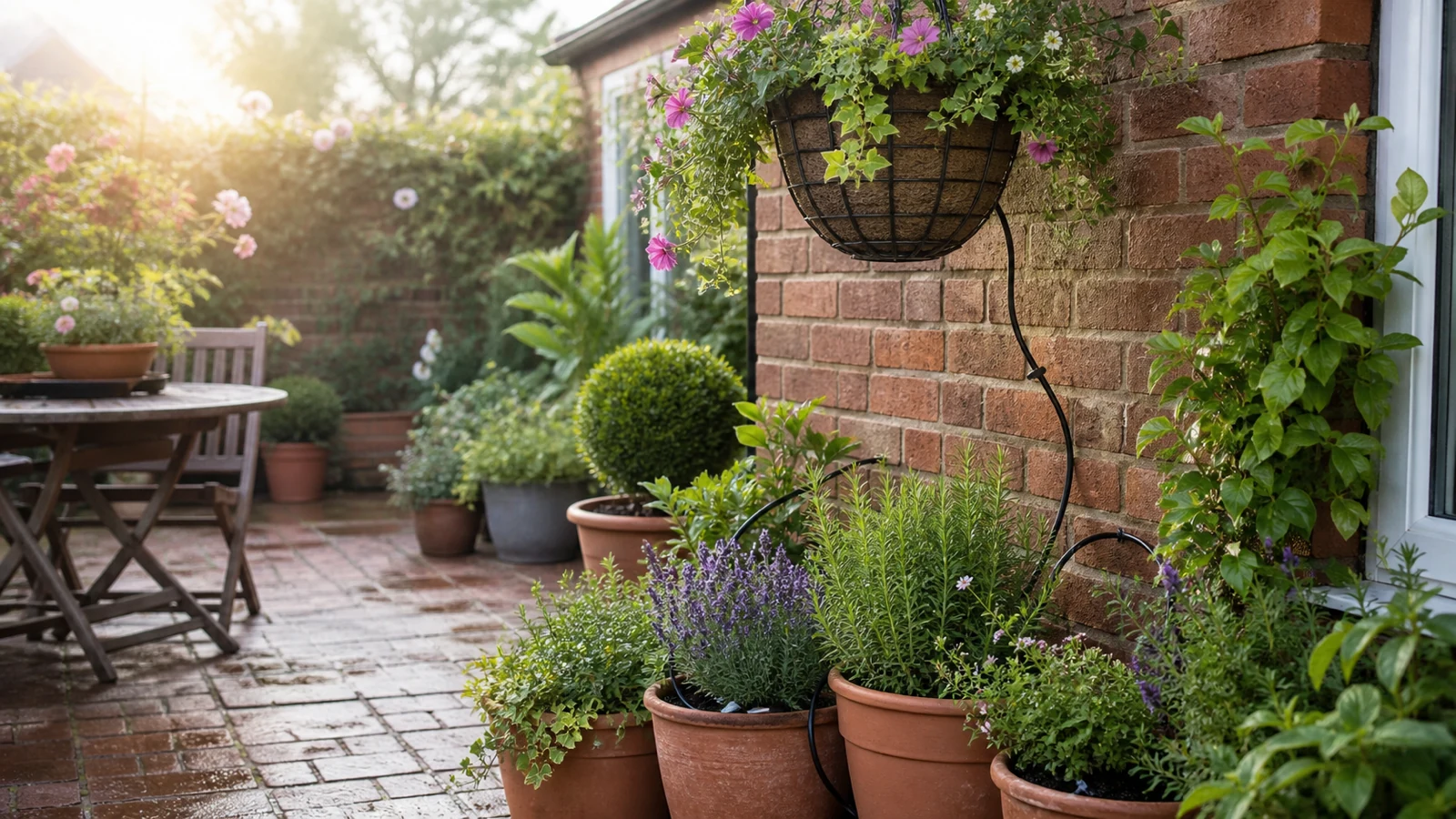 Patio pots and a hanging basket on a UK patio with discreet drip irrigation lines