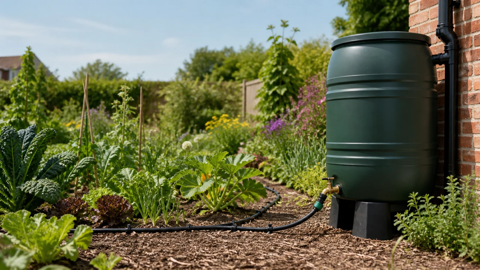 Rainwater butt feeding a soil-level drip line during a UK hosepipe restriction period