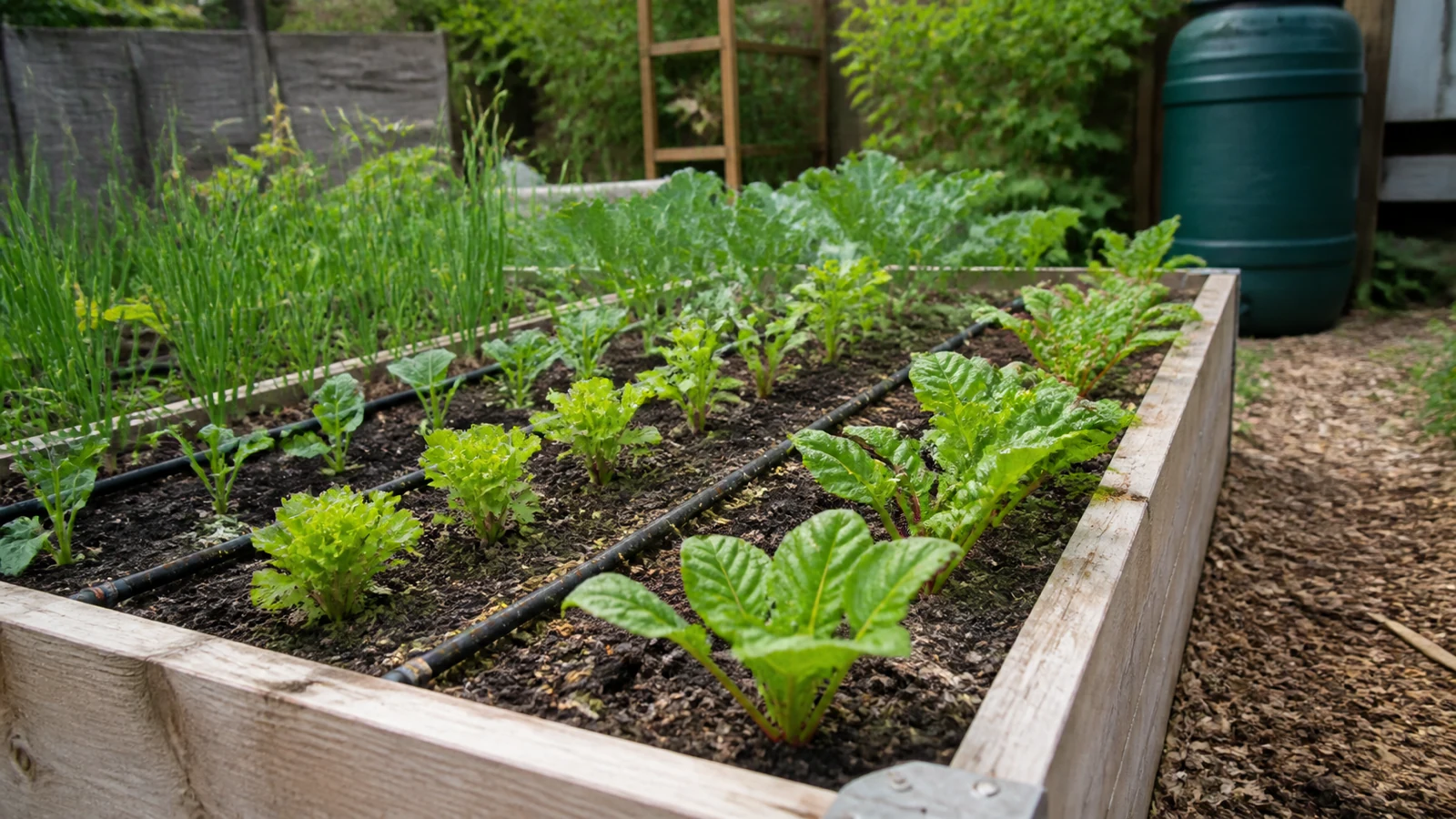 UK raised bed with drip irrigation tubing along vegetable rows