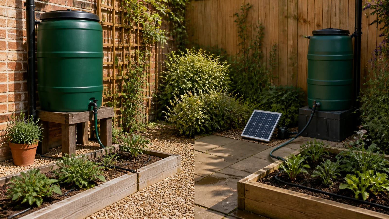 Side-by-side concept of gravity-fed and solar-assisted drip irrigation from water butts
